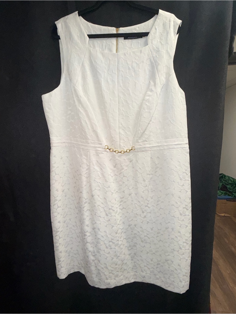 White Sleeveless Textured Sheath Dress with Gold Accent